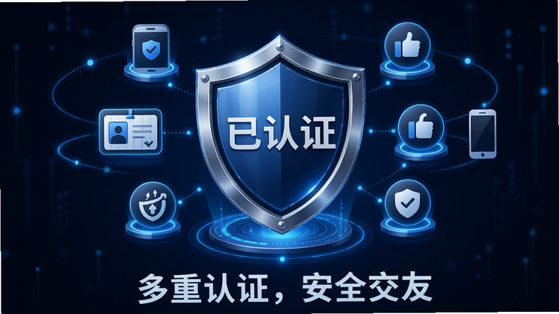 主体:一个盾牌图标,盾牌上有“已认证”字样,周围环绕着手机、身份证、社交账号等小图标。布局:中心对称构图,盾牌位于中央。排版:图标排列整齐,下方有“多重认证,安全交友”文字。风格:科技安全风格,蓝色主调。细节:盾牌有金属质感,小图标带有发光效果。画质:高清,干净。