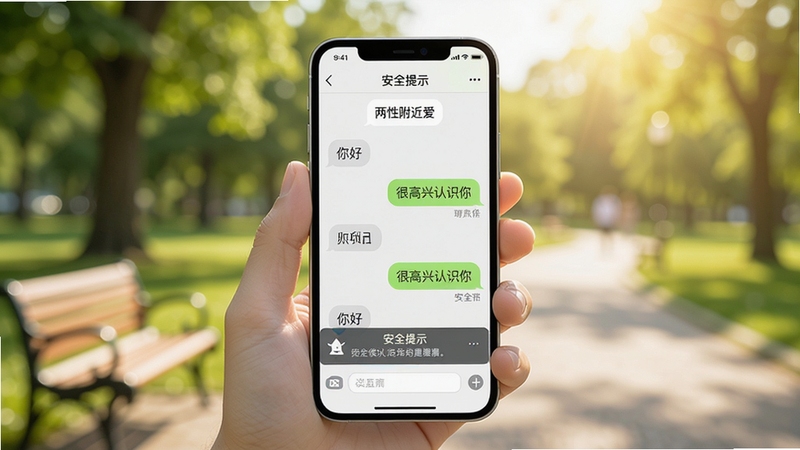 主体:一部手机展示“两性附近爱”的聊天界面,背景是公园。布局:手机居中,背景虚化。排版:手机屏幕内显示对话气泡,有“你好”、“很高兴认识你”等文字。风格:自然清新,阳光明媚。细节:手机屏幕有“安全提示”横幅。画质:高清,干净。