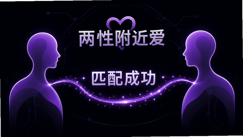 主体:两个抽象人形轮廓通过线条连接,中间有“匹配成功”字样,背景是“两性附近爱”的logo。布局:左右对称,两个轮廓位于两侧,中间连接。排版:简洁大方,突出匹配概念。风格:未来科技感,紫色渐变。细节:连接线有流动光效。画质:干净,无多余元素。