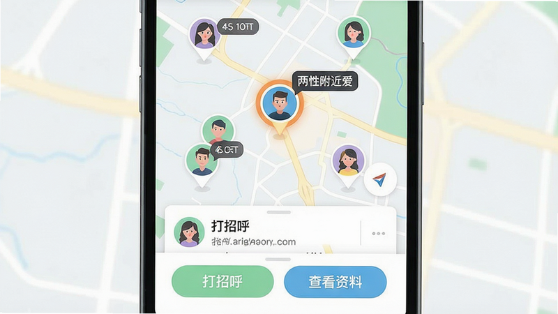主体:手机地图界面,显示多个用户头像分布在不同的地理位置,其中一个头像高亮并显示“两性附近爱”字样。布局:全屏地图展示,下方有用户信息卡片。排版:地图占上方三分之二,卡片占下方三分之一。风格:简洁扁平化设计,色彩清新。细节:头像上有距离标签,底部卡片有“打招呼”和“查看资料”按钮。画质:干净,无多余元素。
