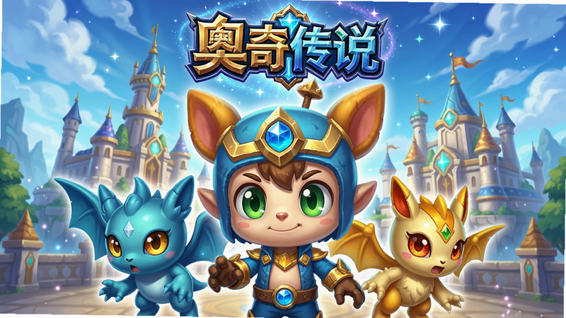 一张奥奇传说手游的官方宣传海报,画面中央是主角小奥奇与他的精灵伙伴,背景是宏伟的奥奇城,整体风格明亮卡通,色彩鲜艳,细节丰富,带有梦幻的星空特效,游戏LOGO“奥奇传说”位于海报上方,画质高清,干净无多余元素
