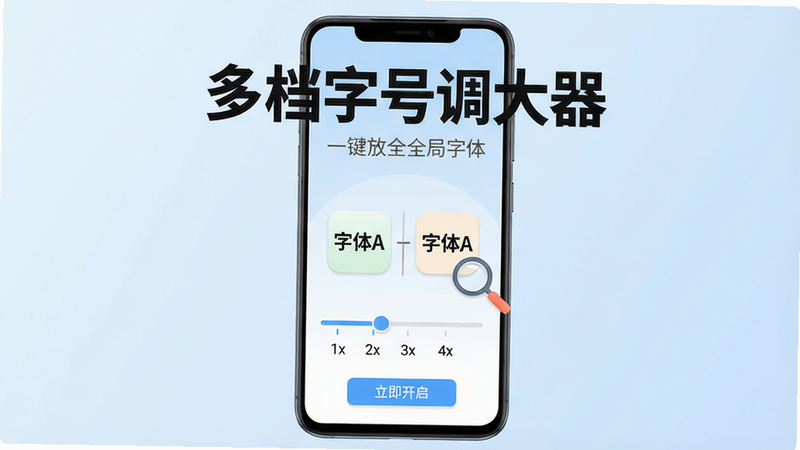主体为一部安卓智能手机,屏幕显示“多档字号调大器”主界面,界面中央有大小对比的“字体A”和“字体A”图标,周围有滑动调节条和放大镜元素。布局采用居中构图,手机模型置于画面中央,背景为浅蓝色渐变。排版清晰,主标题“多档字号调大器”使用大号黑体字,副标题“一键放大全局字体”用小号灰色字。风格为现代扁平化UI设计,色彩清新明快。细节包括屏幕上的字号档位刻度(1x、2x、3x、4x),以及底部“立即开启”按钮。画质为1080p高清,干净,无多余元素。