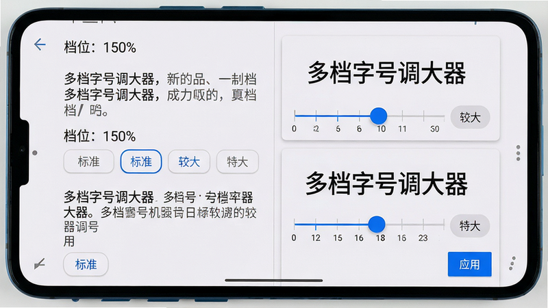 主体为一部安卓手机横屏展示设置界面,屏幕上有一个滑块显示“档位:150%”,旁边有“标准”“较大”“特大”三个预设按钮。布局为左右分栏,左侧为文字示例,右侧为调节面板。排版采用卡片式设计,每个档位用不同大小的“多档字号调大器”字样展示效果。风格为简洁的Material Design风格,背景为白色,卡片带浅灰色阴影。细节包括滑块上的刻度数字、当前档位高亮显示、以及“应用”按钮。画质为高清,干净,无多余元素。