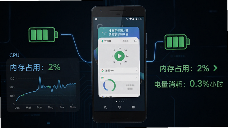 主体为一部安卓手机背面,旁边有电池电量图标和CPU占用率图表,显示“内存占用:2%”“电量消耗:0.3%/小时”。布局为手机居中,左侧有数据面板。排版数据文字清晰,采用绿色字体表示低占用。风格为科技感渲染图,深色背景配蓝色数据线条。细节包括手机屏幕上的“多档字号调大器”运行界面缩略图,以及性能监控曲线。画质为高清,干净,无多余元素。