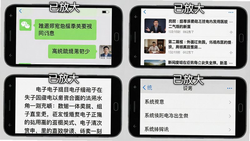 主体为一部安卓手机,屏幕分为四个网格,分别显示微信聊天界面、新闻列表、电子书阅读页和系统设置页,每个网格上方标注“已放大”。布局为四宫格对称排列,背景为浅灰色。排版每个网格内文字清晰可辨,字号明显比正常大。风格为真实截图拼贴风格,带圆角边框。细节包括微信聊天气泡中的文字变大、新闻标题加粗、电子书字体清晰。画质为高清,干净,无多余元素。