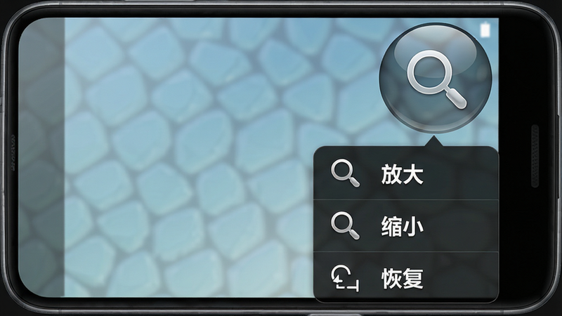 主体为一部安卓手机屏幕,右上角有一个半透明的悬浮球图标,点击后弹出三个选项:“放大”“缩小”“恢复”。布局为悬浮球位于屏幕边缘,弹出菜单向下展开。排版菜单文字为白色黑体字,背景为深色半透明。风格为拟物化设计,悬浮球带光泽效果。细节包括悬浮球上的放大镜图案、菜单选项的图标和文字。画质为高清,干净,无多余元素。
