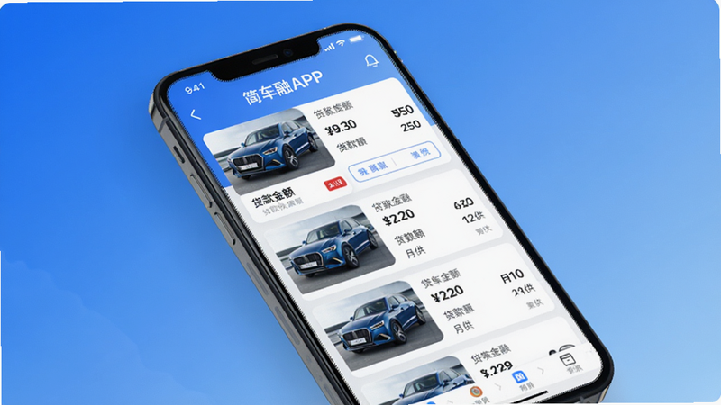 简车融APP主界面展示,手机屏幕中显示汽车金融贷款产品列表,背景为简洁的蓝色渐变,界面布局清晰,包含车辆图片、贷款金额和月供信息,风格现代科技感,细节丰富,画质高清,干净整洁无多余元素
