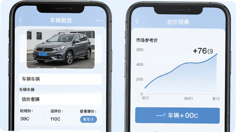 简车融车辆估值功能截图,手机屏幕显示车辆信息输入页面和估价结果,包含车辆外观图片、市场参考价曲线,背景为浅蓝色,数据展示直观,风格商务大气,画质高清,干净无多余元素
