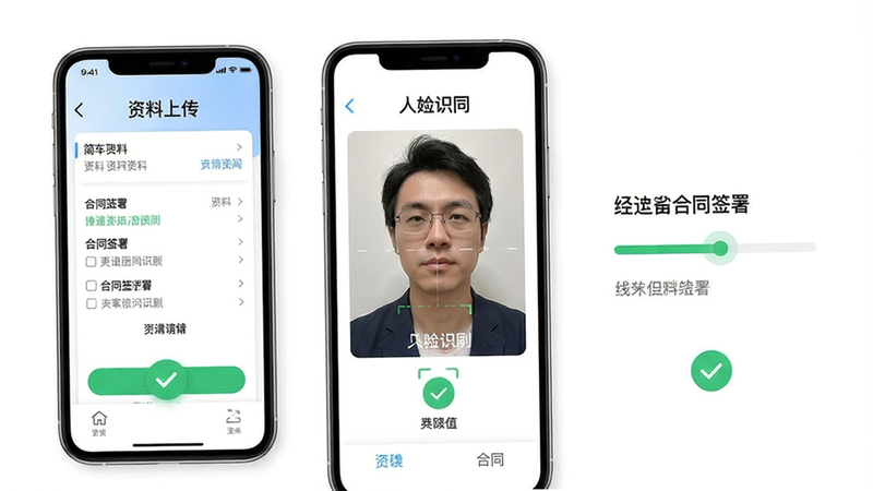 简车融线上申请流程演示,手机界面显示资料上传、人脸识别、合同签署步骤,背景为白色,配有进度条和绿色对勾图标,风格简洁明了,色彩清新,画质高清,细节完整,干净无多余元素