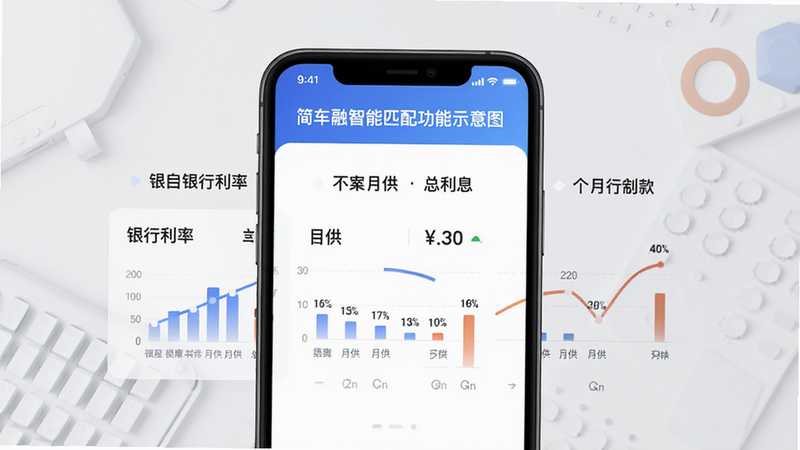 简车融智能匹配功能示意图,手机屏幕展示个性化贷款方案对比,包含不同银行利率、月供和总利息,背景为淡灰色,界面设计简约,数据可视化图表清晰,风格专业,画质高清,干净无多余元素