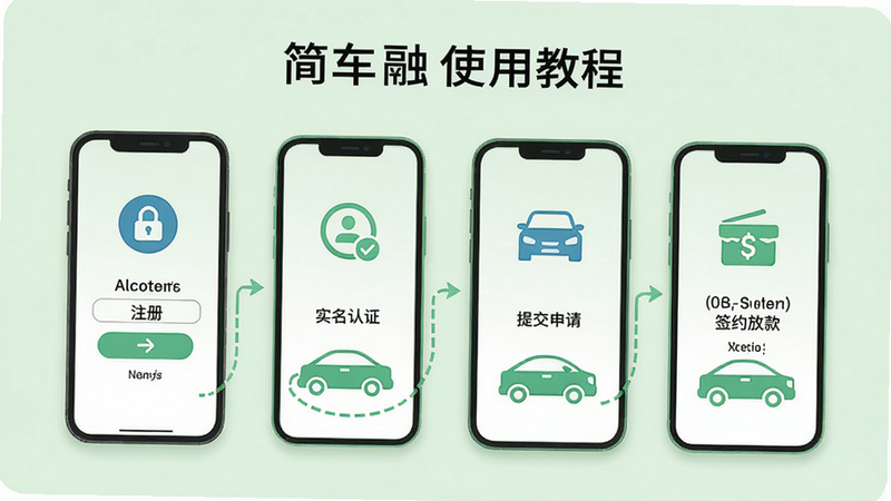 简车融使用教程插图,展示用户手机操作步骤,包含注册、实名认证、提交申请、签约放款等流程,背景为浅绿色,图标化设计,风格清新易懂,画质高清,干净无多余元素