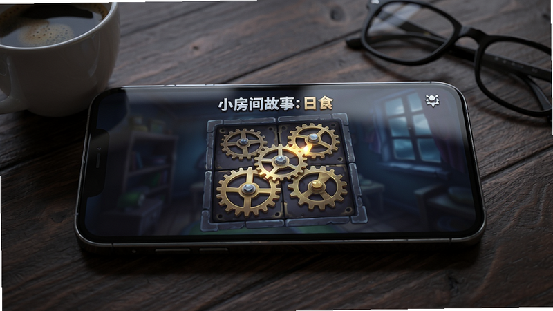 主体:一张智能手机横屏显示游戏《小房间故事:日食》的谜题界面,屏幕上有一个复杂的齿轮谜题。布局:手机位于画面中央,背景为暗色木质桌面,桌上放着一杯咖啡和一副眼镜。排版:游戏画面清晰,谜题部件高亮显示,手机边框反光。风格:写实摄影风格,微距镜头。细节:手机屏幕上显示着“小房间故事:日食”的Logo,齿轮咬合处有微光闪烁。画质:高清,焦点锐利,构图干净,无多余元素。