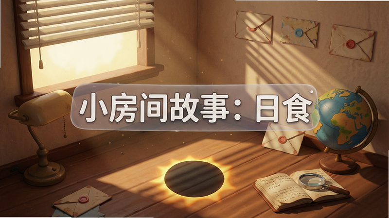 主体:游戏主界面展示,一个温馨却略带神秘的房间角落,阳光透过百叶窗在地板上投下斑驳光影,画面中央悬浮着半透明的游戏标题“小房间故事:日食”。布局:采用对称构图,房间内陈设(如老式台灯、地球仪、信封)围绕中心标题有序摆放。排版:画面干净,元素之间留白充足,突出静谧氛围。风格:手绘插画风格,色彩温暖,带有轻微噪点与胶片质感。细节:地板上隐约可见日食倒影,一本翻开的日记本旁放着一枚放大镜。画质:4K高清,细节丰富,光影柔和,干净无多余元素。
