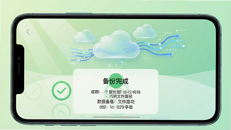 主体:一部手机横屏运行水杯整理大师,屏幕显示数据备份成功的提示弹窗。布局:手机位于画面底部三分之一处,屏幕中央有绿色对勾圆形图标,上方飘浮着云朵与数据线条图形。排版:弹窗标题为“备份完成”,下方有两行小字说明文件路径。风格:清新自然风,背景为淡绿色渐变。细节:云朵图形带有半透明质感,数据线条呈蓝色流动状,手机屏幕有细腻的玻璃反光。画质:高清晰度,干净无多余元素。