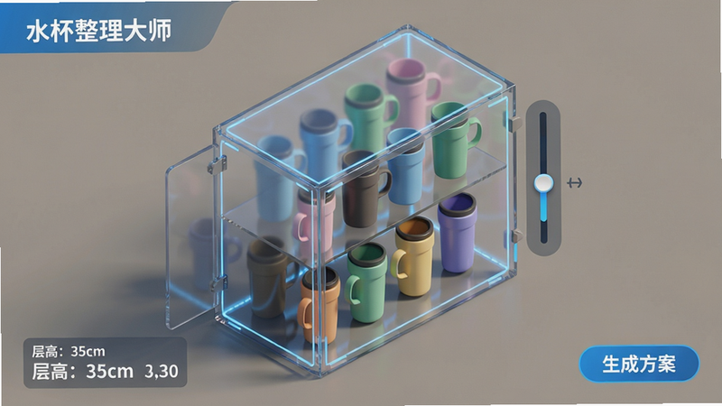 主体:水杯整理大师的3D空间规划界面。布局:画面中央是一个半透明的长方体虚拟柜体,内部错落有致地摆放着不同颜色的水杯模型,右侧有尺寸调节滑杆。排版:界面左下角显示“层高:35cm”等参数,右下角有“生成方案”按钮。风格:科技蓝与暖灰搭配,界面通透具有未来感。细节:水杯模型带有轻微反射阴影,柜体边缘有蓝色高亮辅助线,整体透视角度为等轴测视图。画质:高分辨率渲染,画面干净整洁,无多余UI干扰。