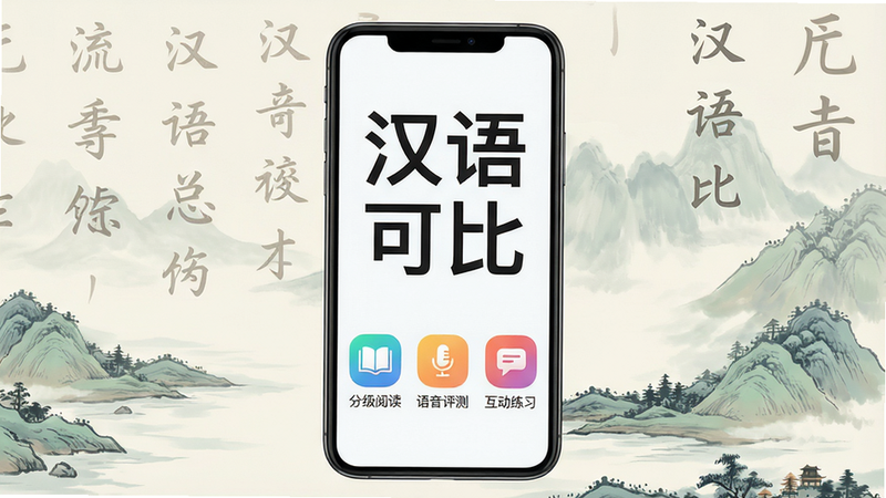 一幅展示汉语可比软件主界面的高清数字插画,画面中央是一部智能手机,屏幕中显示“汉语可比”四个大字,下方有“分级阅读”、“语音评测”、“互动练习”三个彩色功能图标,背景是淡雅的中国风山水画与汉字元素,整体布局清爽,风格现代简约,细节丰富,画质细腻,干净无多余元素