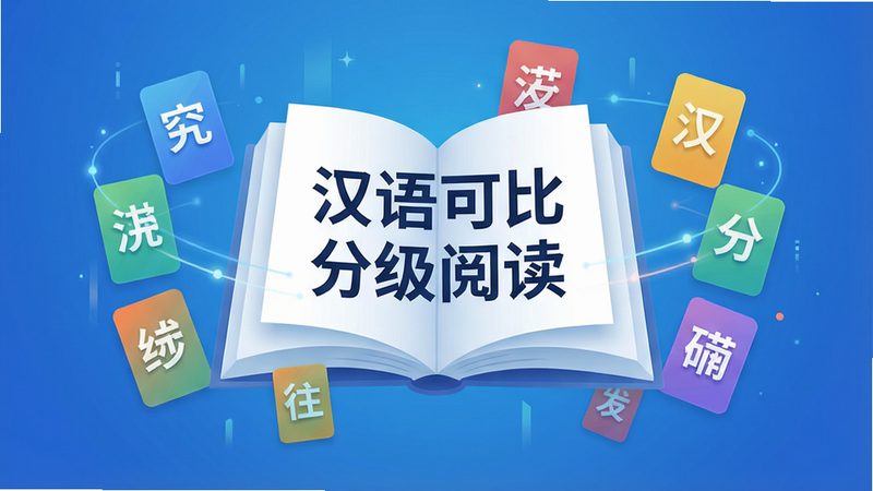 一幅展示汉语可比智能分级阅读功能的插画,画面中一本打开的书本悬浮在空中,书页上显示“汉语可比”和“分级阅读”字样,周围环绕着不同颜色和难度的汉字卡片,背景是渐变蓝色调,风格简洁科技感,布局居中,细节丰富,画质高清,干净无多余元素