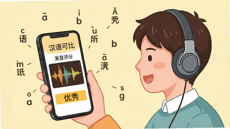 一幅展示汉语可比AI语音评测功能的场景插画,画面中一个戴着耳机的年轻人对着手机屏幕说话,屏幕上显示“汉语可比”和“发音评分”界面,有波形图和“优秀”字样,周围飘浮着拼音字母,背景是浅黄色调,风格温馨活泼,布局合理,细节清晰,画质干净,无多余元素