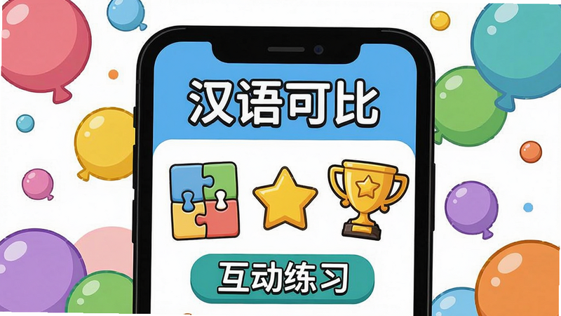 一幅展示汉语可比趣味互动练习功能的插画,画面中手机屏幕上显示“汉语可比”和“互动练习”界面,有拼图、星星、奖杯等游戏元素,背景是彩色气泡,风格明快卡通,布局活泼,细节丰富,画质清晰,干净无多余元素