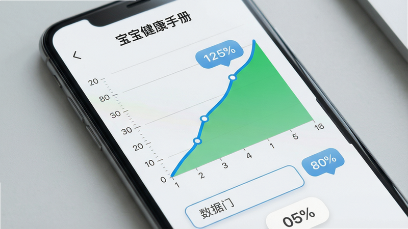 一张智能手机屏幕特写,显示“宝宝健康手册”的成长曲线页面,蓝色曲线与绿色区域对比明显,下方有数据输入按钮和百分比标签,背景为浅灰色桌面,画面干净、无多余元素,风格简约,排版清晰,画质高清,主体突出,细节包括刻度线、数据点、提示气泡,文字标注“宝宝健康手册”