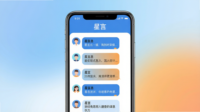 主体:星言APP主界面展示,一部智能手机屏幕显示聊天对话列表,背景柔和渐变,整体明亮清爽。布局:手机居中,界面元素清晰可见,上方显示“星言”字样,下方排列多条对话气泡。排版:简洁现代,突出聊天功能。风格:扁平化设计,色彩以蓝白为主,搭配温暖橙色点缀。细节:气泡圆润,头像清晰,信息展示完整。画质:高清,干净,无多余元素。
