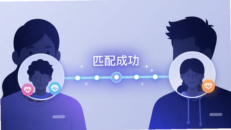 主体:星言APP智能匹配功能示意图,两个用户头像通过一根发光线条连接,中间有“匹配成功”字样。布局:左右两侧各一个半身人物剪影,中间连接线明亮。排版:简洁直观。风格:科技感与温馨感结合,蓝紫色调。细节:头像上有兴趣标签小图标。画质:高清,干净,无多余元素。