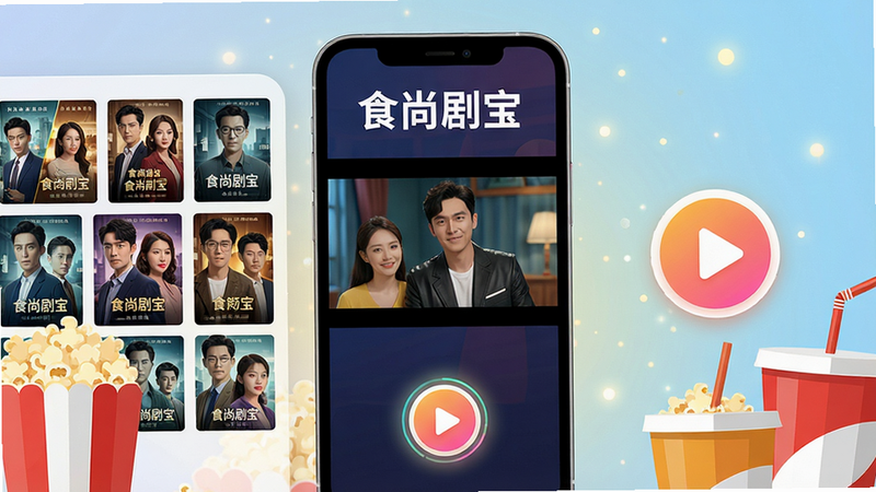 主体:食尚剧宝APP界面展示,手机屏幕中播放热门短剧画面,周围有爆米花和饮料杯。布局:手机居中,左侧有剧集海报墙,右侧有播放按钮图标。排版:简洁明快,突出APP名称“食尚剧宝”字样。风格:现代扁平化,色彩鲜艳。细节:屏幕内画面清晰,播放按钮带光晕效果,背景有微光颗粒。画质:高清渲染,干净无多余元素。