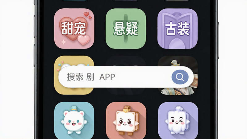 主体:食尚剧宝APP的资源分类界面,屏幕上显示多个分类图标如“甜宠”“悬疑”“古装”。布局:九宫格排列,中间有搜索框。排版:分类图标带圆角,颜色各。风格:清新可爱,适合年轻用户。细节:每个图标有微小阴影,搜索框有放大镜符号。画质:精致清晰,无多余元素。