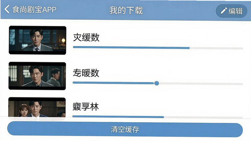 主体:食尚剧宝APP的“我的下载”界面,显示已缓存的剧集列表。布局:列表式排列,每个项目有缩略图、剧名和进度条。排版:缩略图在左,文字在右。风格:简洁实用。细节:右上角有“编辑”按钮,底部有“清空缓存”按钮。画质:干净清晰。