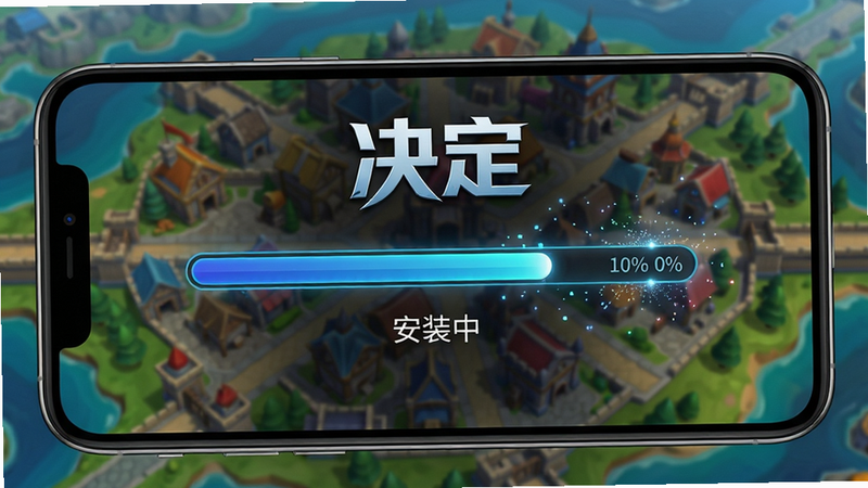 主体:游戏《决定》的安装界面,手机屏幕显示进度条,背景是游戏主城地图。布局:进度条位于画面中央,上方有游戏Logo,下方有“安装中”字样。排版:简洁大方,进度条采用蓝色渐变。风格:科技感,背景地图色彩丰富。细节:进度条上有百分比数字,周围有粒子特效。画质:高清,干净无多余元素。