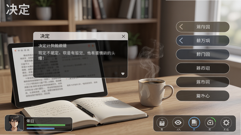 主体:游戏《决定》的主界面截图,展示一个充满现代感的书房场景,桌面上摆放着打开的笔记本和一杯咖啡。布局:画面中央偏左是主要剧情对话框,右侧是选项按钮列表,底部有角色状态栏。排版:界面简洁清晰,选项按钮采用圆角矩形设计,状态栏以图标形式展示。风格:写实风格,色彩柔和,光影自然。细节:笔记本屏幕上有模糊的文字,咖啡杯冒着热气,背景书架上有几本书。画质:4K高清,干净无多余元素。