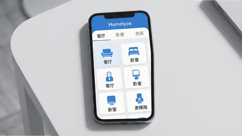 主体:一部智能手机屏幕特写,屏幕上展示Homelyze应用的主界面,顶部有“Homelyze”字样,下方为房间列表和设备卡片。布局:手机居中,屏幕内容清晰可见,背景为浅灰色桌面,手机周围有微弱的投影。排版:界面采用列表式布局,设备卡片以网格排列,每个卡片包含设备图标和名称。风格:扁平化设计,主色调为蓝色与白色,图标简洁明了。细节:屏幕上有“客厅”、“卧室”等标签,卡片边缘有圆角,整体干净清爽。画质:高清渲染,屏幕无反光,细节锐利,背景纯净无杂物。