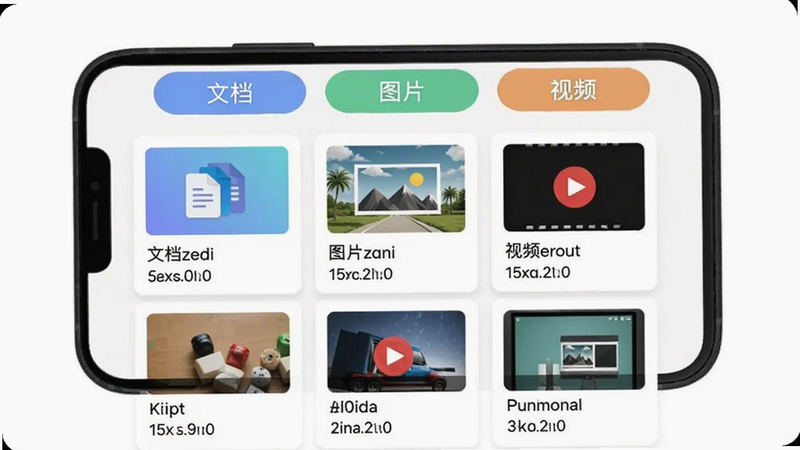 展示闲码云集资源聚合功能的界面,手机屏幕上显示多个分类标签,如“文档”、“图片”、“视频”,下方为搜索结果列表,每项附带缩略图和大小信息,界面采用卡片式布局,色彩清新,画质干净,无多余元素