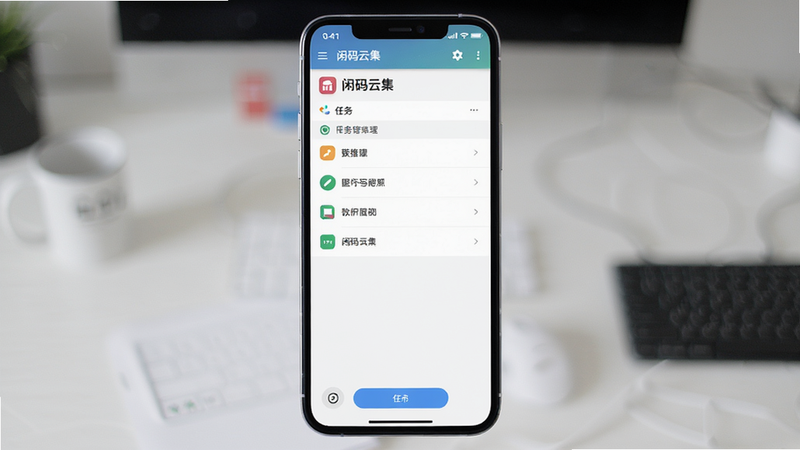 一张展示闲码云集在手机上运行时的截图,屏幕显示任务管理界面,背景为简洁的桌面,画质清晰,无多余元素