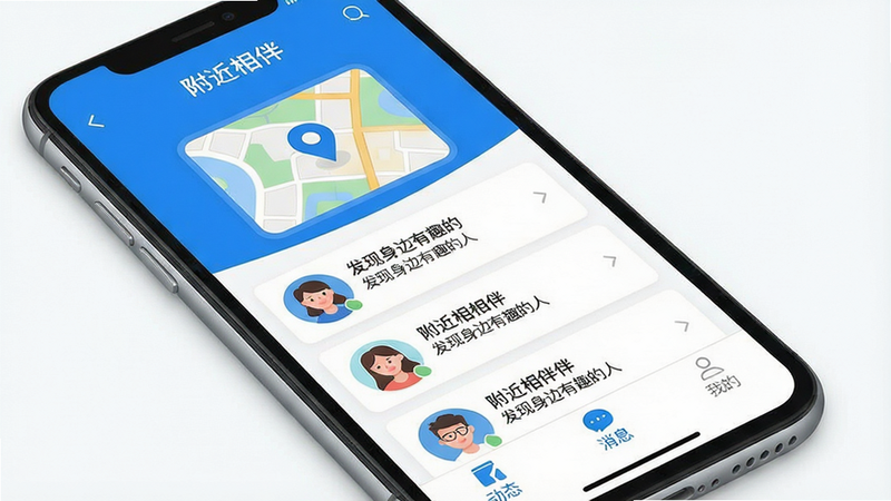 画面主体为一部亮屏的智能手机,屏幕中央显示“附近相伴”APP的首页界面,界面中有清晰的地图定位图标和几个用户头像卡片,布局以列表形式纵向排列,风格扁平化,色彩以蓝色和白色为主,细节包括底部导航栏的“动态”、“消息”、“我的”三个标签,画质高清,干净无多余元素,图片中文字使用“附近相伴”和“发现身边有趣的人”
