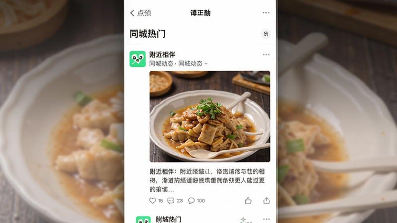 主体为附近相伴APP的动态广场界面截图,布局为全屏信息流,包含一张美食照片和一段文字动态,顶部有“同城热门”标题栏,风格清新自然,细节显示点赞、评论图标及数字,画质高清,图片中文字包含“附近相伴”和“同城动态”,干净无多余元素