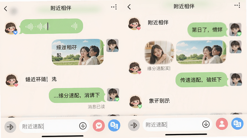 主体为附近相伴的聊天界面预览,布局为左右气泡对话样式,包含语音条、图片、文字等多种消息形式,底部有输入框和功能按钮,风格圆润可爱,细节有“缘分速配”按钮和“翻译”小图标,画质干净,图片中文字包含“附近相伴”和“消息已读”
