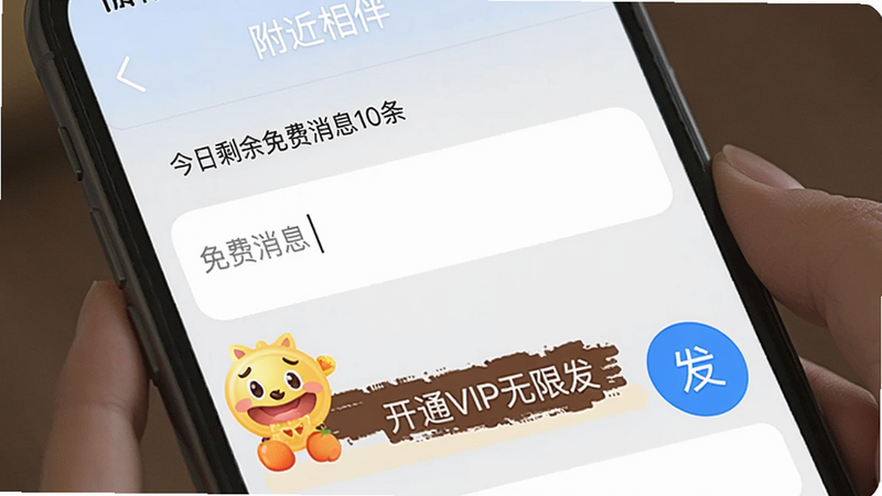 主体为附近相伴聊天发送界面,布局为输入框上方有“今日剩余免费消息10条”提示,发送按钮为蓝色圆形,风格直观,细节有“开通VIP无限发”的引导横幅,画质清晰,图片中文字包含“附近相伴”和“免费消息”