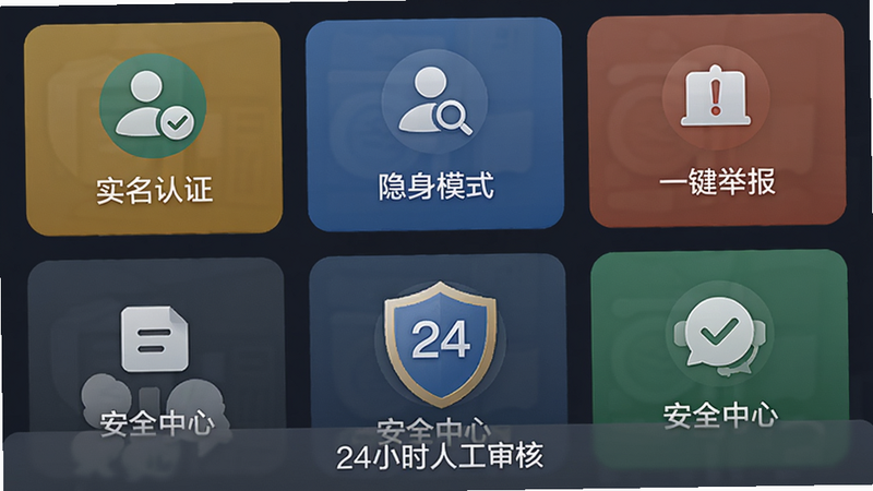 主体为附近相伴安全中心界面,布局为功能图标网格排列,包含“实名认证”、“隐身模式”、“一键举报”等图标,底部有盾牌样式的安全标识,风格稳重,细节有“24小时人工审核”字样,画质清晰,图片中文字包含“附近相伴”和“安全中心”