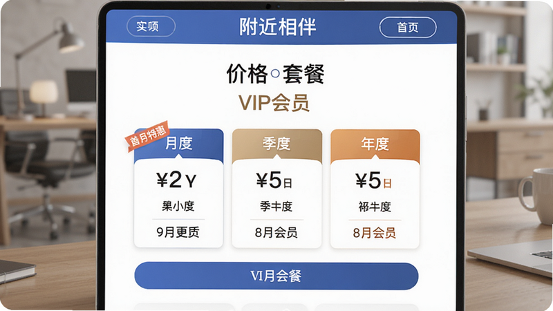 主体为附近相伴的会员充值页面,布局为价格套餐列表,包含月度、季度、年度选项,风格商务简洁,细节有“首月特惠”标签,画质干净,图片中文字包含“附近相伴”和“VIP会员”