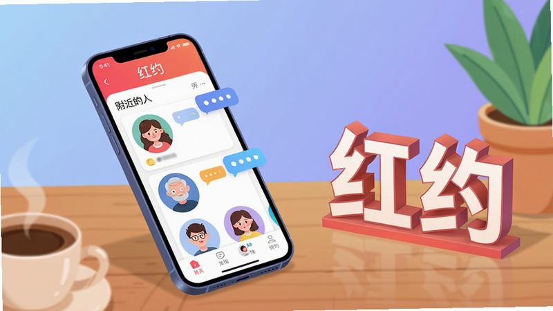 主体:一部亮着屏幕的智能手机,屏幕上显示“红约”APP的首页界面,界面中有多个用户头像卡片和“附近的人”标签,手机斜放在木桌上,旁边有一杯咖啡和绿植。布局:手机居中偏左,右侧留白处放置“红约”字样的立体字牌,背景为柔和的渐变蓝紫色。排版:画面简洁,主体突出,手机屏幕内容清晰可辨,字牌与手机形成前后层次。风格:现代扁平插画风,色彩明快,光线柔和。细节:屏幕上的卡片有不同性别年龄的卡通头像,气泡对话框点缀,画面干净无多余元素。画质:高清渲染,干净,无多余元素。