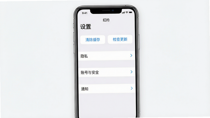 主体:一张手机截图,显示“红约”设置页面,有“隐私”、“账号与安全”、“通知”等选项。布局:手机居中,屏幕内容占满,背景是浅白色。排版:设置项列表清晰,每行右侧有箭头图标。风格:简洁的iOS风格设置界面,色调清爽。细节:屏幕顶部显示“设置”标题,下方有“清除缓存”和“检查更新”按钮,画面干净无多余元素。画质:高清,干净,无多余元素。