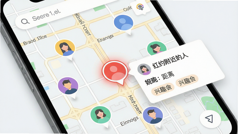 主体:一张手机地图界面,上面分布着多个彩色用户头像标记,其中一个标记高亮显示并弹出用户信息小卡片,写着“红约附近的人”。布局:地图占据画面大部分,左上角有搜索框,右下角有筛选按钮图标。排版:信息层级清晰,头像标记错落有致,高亮卡片突出显示。风格:写实地图风格结合扁平UI元素,色调清新明亮。细节:地图上有街道名称,头像卡片包含昵称、距离、兴趣标签,画面干净无多余元素。画质:高清,干净,无多余元素。
