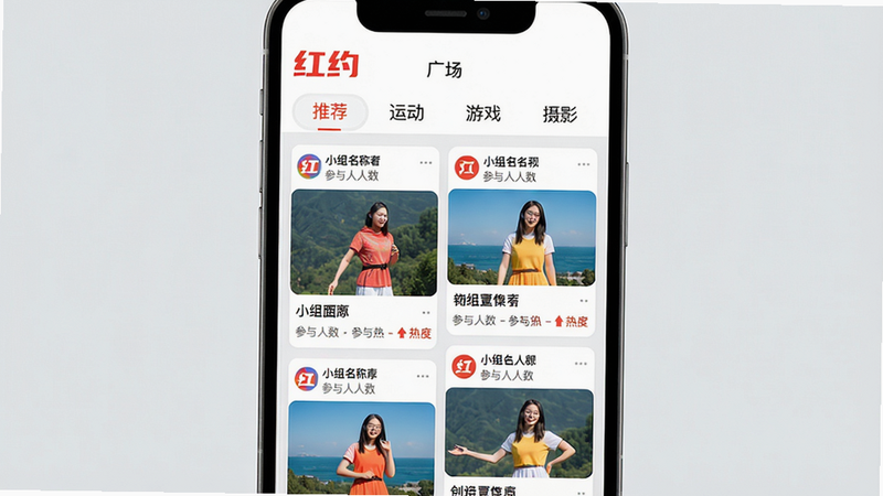 主体:手机屏幕展示“红约”APP的“广场”页面,顶部有“推荐”、“运动”、“游戏”、“摄影”等标签栏,下方是瀑布流形式的帖子卡片,卡片上有图片和标题。布局:手机居中,屏幕内容占满,背景是浅灰色。排版:卡片两列排列,间距均匀,标签栏清晰固定。风格:简洁的UI设计风格,色彩活泼,有活力。细节:卡片上显示小组名称、参与人数、帖子热度,画面干净无多余元素。画质:高清,干净,无多余元素。