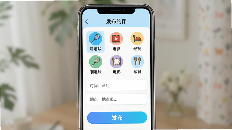 主体:一部手机屏幕显示“红约”的约伴发布页面,有活动类型选择图标,如羽毛球、电影、聚餐,下方是时间、地点填写栏。布局:手机居中,屏幕上方有“发布约伴”标题,下方有醒目的发布按钮。排版:表单元素垂直排列,图标排列整齐,按钮颜色鲜艳。风格:清新自然的UI风格,配色以浅蓝和白色为主。细节:每个图标下方有文字标签,时间地点有示例文字,画面干净无多余元素。画质:高清,干净,无多余元素。