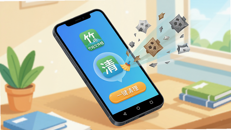主体:一部安卓手机正在使用竹屿文件栈进行存储清理,屏幕显示清理动画;布局:手机斜放,周围有清理后的整洁环境元素;排版:动态感,突出“清理”动作;风格:插画风,色彩明亮;细节:手机屏幕上出现“竹屿文件栈”图标及“一键清理”按钮,周围有垃圾文件碎片飞出的效果;画质:高清,干净,无多余元素。