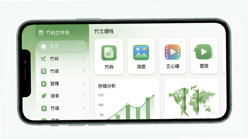 主体:一款名为“竹屿文件栈”的安卓文件管理应用界面,手机屏幕内展示分类清晰的文件列表和存储分析图表;布局:手机居中,界面元素规整,左侧显示侧边栏,右侧为文件卡片;排版:现代极简风格,图标圆润,色彩以竹绿与白色为主;风格:清新自然,科技感与生活感融合;细节:屏幕中显示“竹屿文件栈”字样,文件图标有文档、图片、视频等;画质:高清渲染,干净,无多余元素。