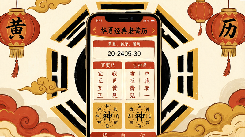 一幅精美的中国风插画,主体是古色古香的智能手机屏幕,屏幕中显示“华夏经典老黄历”应用界面,界面包含农历日期、宜忌列表和吉神方位。布局以手机为中心,四周环绕祥云、八卦、灯笼等传统元素,排版疏密有致。风格为扁平化结合手绘质感,色彩以朱红、金黄、墨黑为主,细节处有毛笔字体的“黄历”字样,画质高清干净,无多余元素。