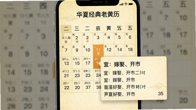 展示华夏经典老黄历应用中的万年历查询功能界面,主体为手机竖屏截图,顶部显示“华夏经典老黄历”名称,下方是日历表格,某一天被高亮选中并弹出详情卡片,卡片上写有“宜:嫁娶、开市”等文字。布局左右对称,背景为淡黄色宣纸纹理,风格简洁清晰,细节包括农历小字和节气标注,画质干净无多余元素。