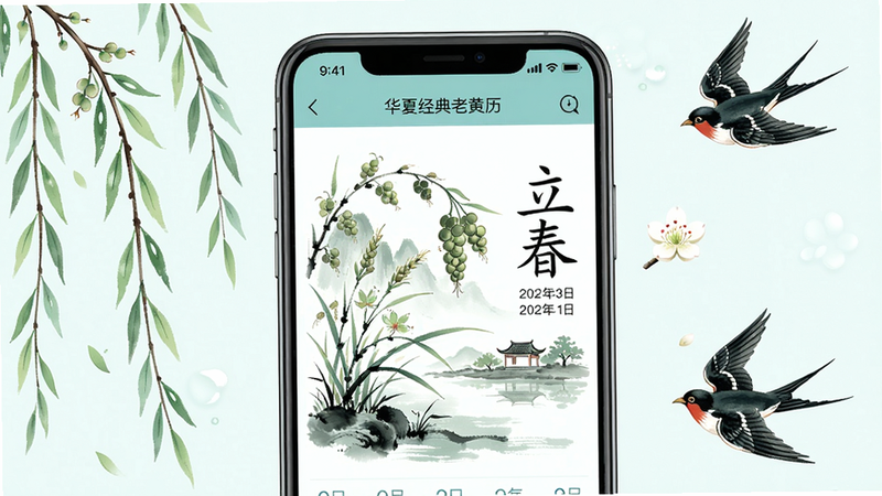 一幅关于二十四节气提醒的插画,主体是手机屏幕显示华夏经典老黄历的节气页面,页面中央有一幅水墨风格的节气图,旁边标注“立春”二字和日期。布局以手机为主体,周围点缀柳枝、燕子等春天元素,风格清新淡雅,色彩以青绿为主,细节精致,画质干净无多余元素。